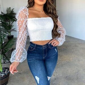Women's White Shirred Crop-top